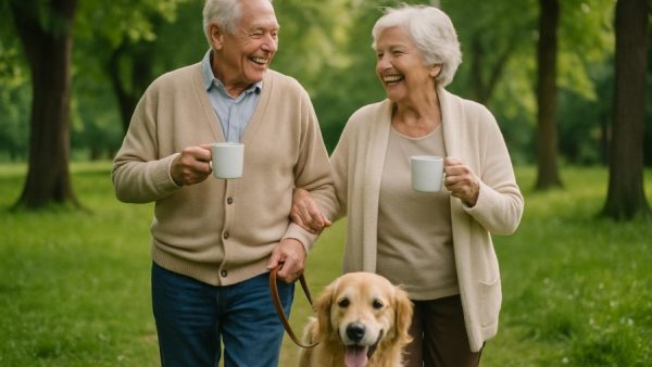 Elderly couple walking dog while drinking tea in a park