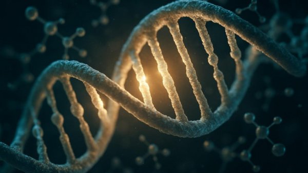 Illuminated DNA strand highlighting Friedreich's Ataxia treatment concept.