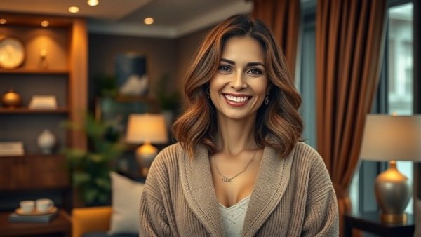 Dayo Women loungewear showcased by smiling woman in elegant setting.