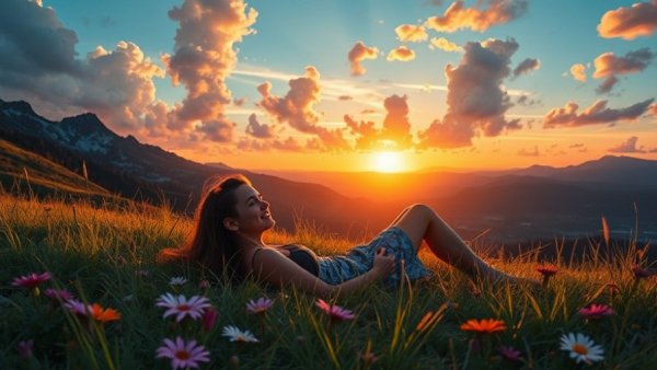 Woman embracing rest with sunset in background.