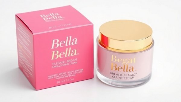 Bella Breast Enlargement Cream package with gold cap and pink box.