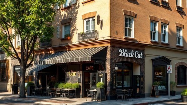 Charming café Black Cat on sunny street corner.