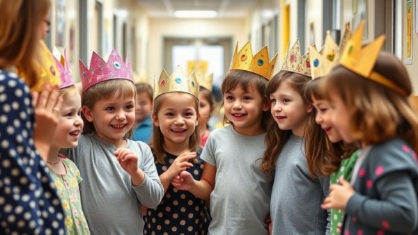 Children in crowns engage in a lively school activity, Gingerbread Man school escape.