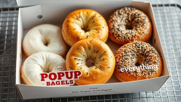 PopUp Bagels Atlanta variety box with fresh bagels on a rack.