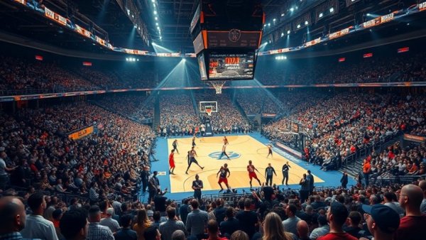 Atlanta Hawks game showing intense court action and packed arena.