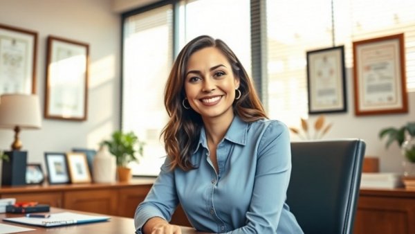 Professional woman in office offering holiday wellness tips with certificates on wall.