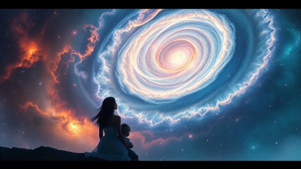 Woman and girl gazing at a galaxy, symbolizing coping with childhood trauma.