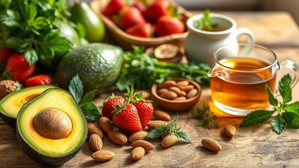 Natural ingredients for boosting female libido including fruits and herbs on a table.