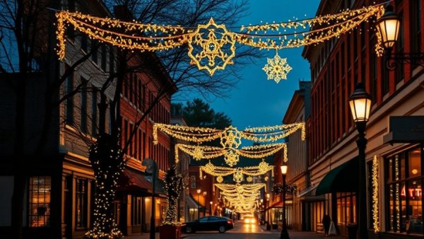 Festive Marietta holiday lights at dusk.