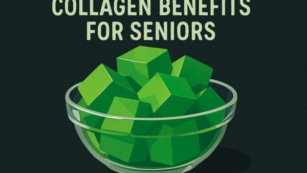 Collagen-rich food illustration with green gelatin cubes.