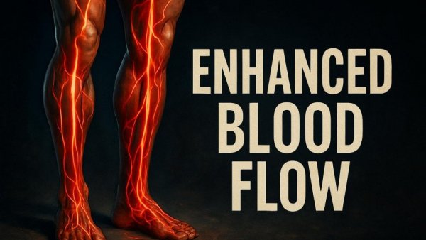 Illustrated glowing blood vessels in legs promoting circulation.