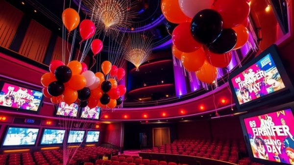Vibrant theater setup with balloons for Wicked screening.