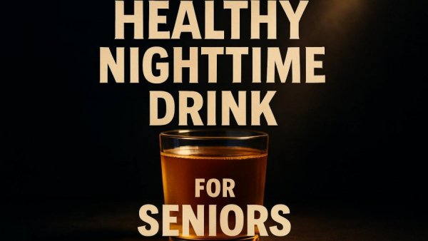 Glass of golden liquid with promo text for nighttime drink for adults over 60.