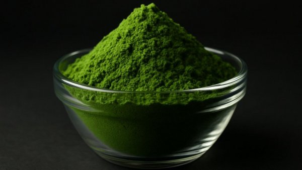 Vibrant green powder in glass bowl for joint health