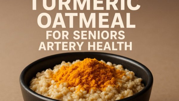 Simple ingredient for cleaner arteries: turmeric in oatmeal with bold health text.