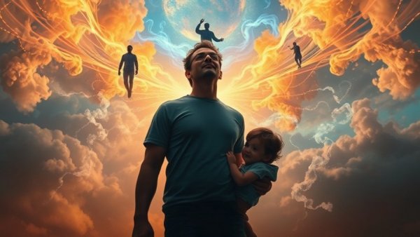 Surreal art of breaking the cycle of anxiety with connected figures.