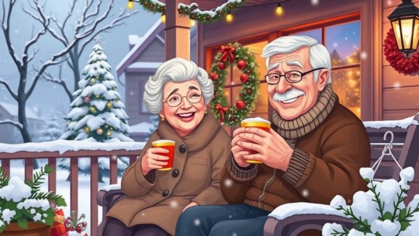 Elderly couple enjoying drinks on snowy porch, holiday setting.