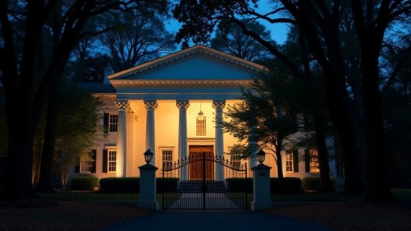 Greek Revival estate Atlanta with elegant columns at dusk.