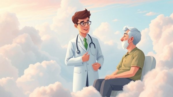 Healing Beyond Clinical Medicine: Doctor and patient converse in a dreamy cloudscape, cartoon style.