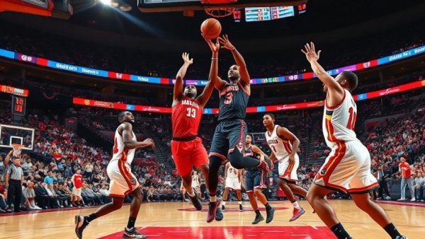Atlanta Hawks players in action during a game, showcasing intense play.