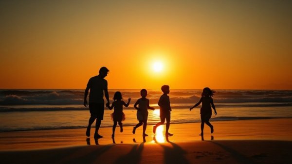 Family practicing gratitude on beach during sunset.