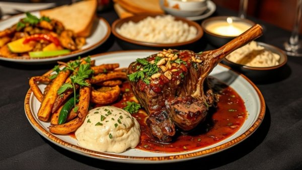 Gourmet lamb shank dish at Murphy’s Restaurant with various side dishes.