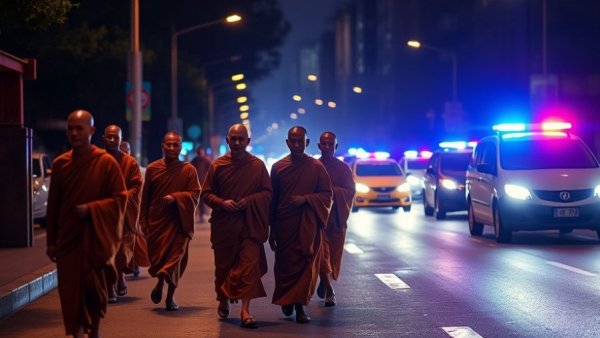Peaceful march of monks on a street illuminated by police lights during Walk for Peace Atlanta.