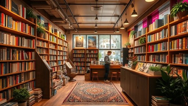 Village Books Atlanta cozy bookstore interior with bookshelves and warm lighting.