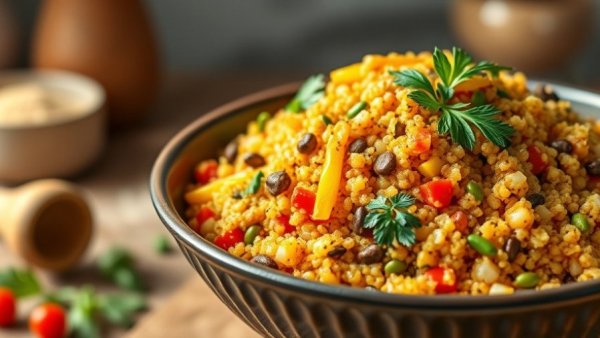 Delicious saffron quinoa lentils with vegetables in a bowl, vibrant and fresh.