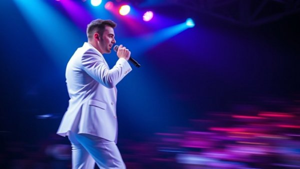 Blurred performer in white suit at a dynamic New Year's Eve concert.