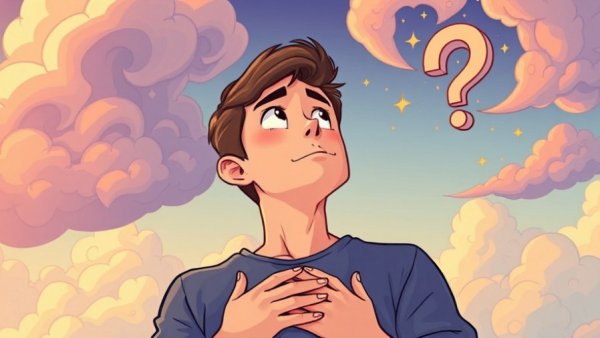 Finding Peace When You Don’t Know What Comes Next illustration of a thoughtful man with question mark clouds.