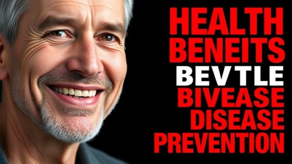 Close-up portrait with health claims about disease prevention and longevity.