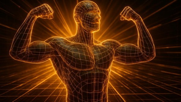 Futuristic wireframe human flexing muscles symbolizes exercise calorie burn effects.