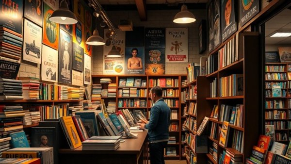 Medu Bookstore Closure scene with person at counter amid colorful books and posters.