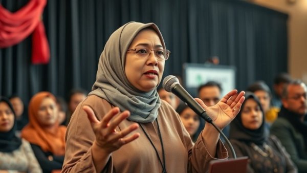 Speaker in hijab at Georgia We Deserve Tour, engaging with audience.