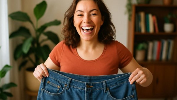 Woman showcasing weight loss success in a home setting, obesity treatment access
