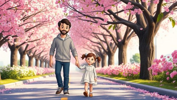 Father and daughter walk under blossoming trees, reclaim your time and energy.