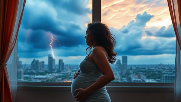 Pregnant woman finding peace during high-risk pregnancy amid storm.