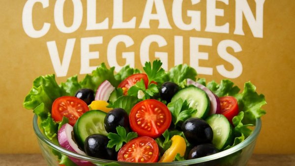 Colorful salad bowl promoting collagen veggies benefits for mobility.
