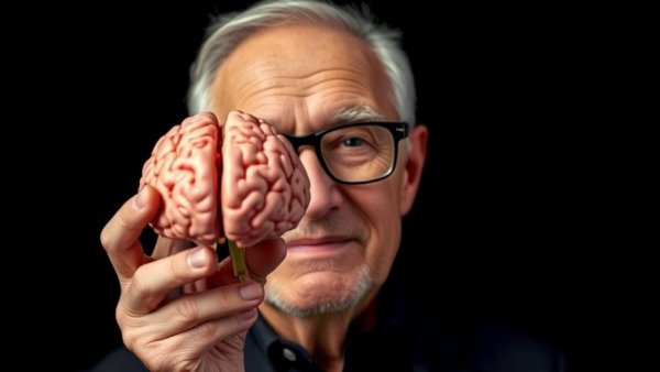 Elderly man holding brain model against black background, brain longevity foods.