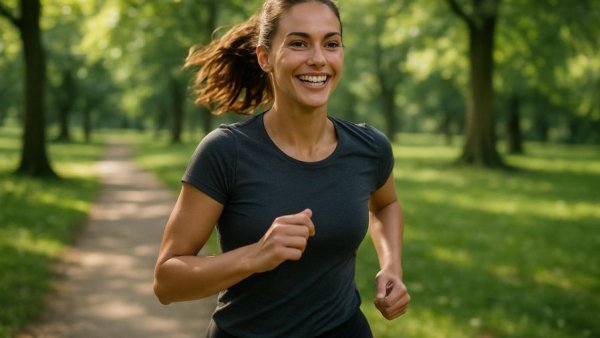 Smiling woman jogging in park, 10 minutes of exercise cancer benefits