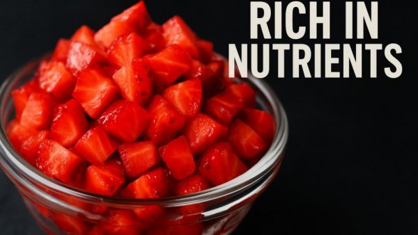Collagen-rich diced strawberries for seniors in a glass bowl.