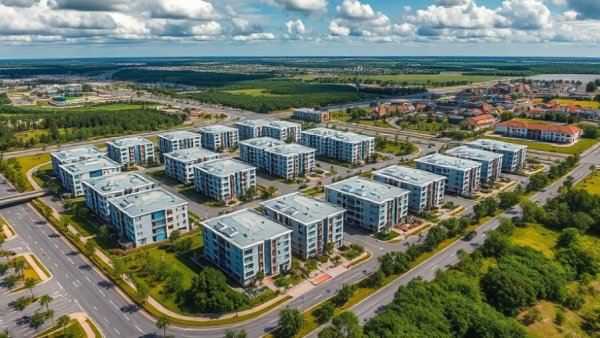 Aerial view of completed East Village Project Roswell, urban landscape.