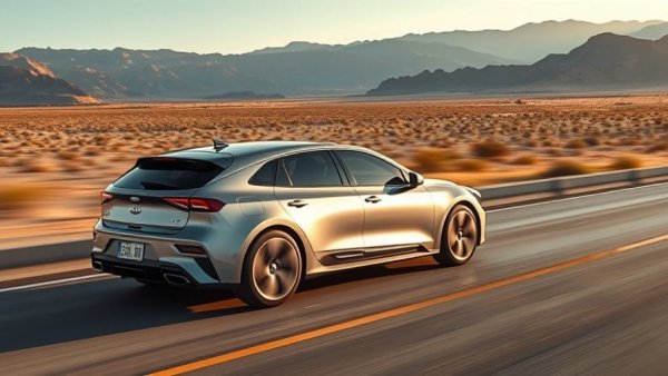 Sleek 2025 Kia EV6 GT-Line driving on a desert highway in evening light.