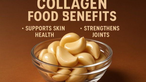 Glass bowl of garlic cloves promoting collagen foods for joint pain relief.