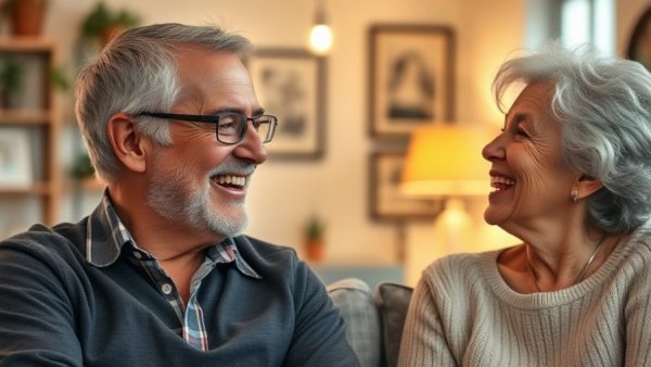 Couple laughing and enjoying conversation indoors.
