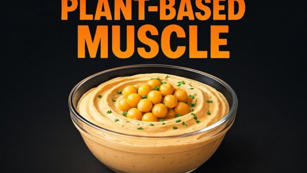 Plant foods for seniors over 60: chickpea hummus bowl with vibrant text.