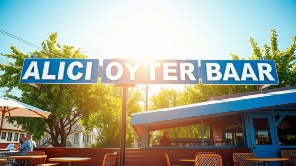 Alici Oyster Bar exterior on a sunny day, vibrant signage.