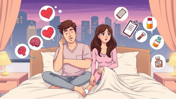 Dealing with sexual performance issues, couple considering solutions in cartoon graphic.