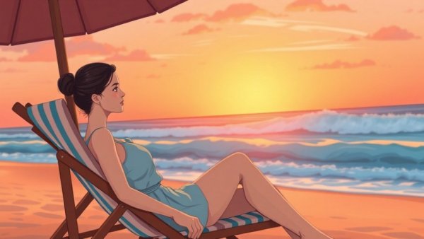 Emotional sadness while on vacation at sunset beach.